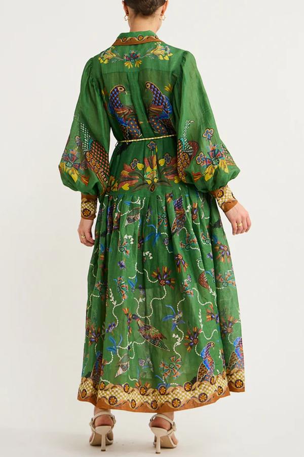 Lily™ - Himmel Vogel Druck Ballonärmel Kleid