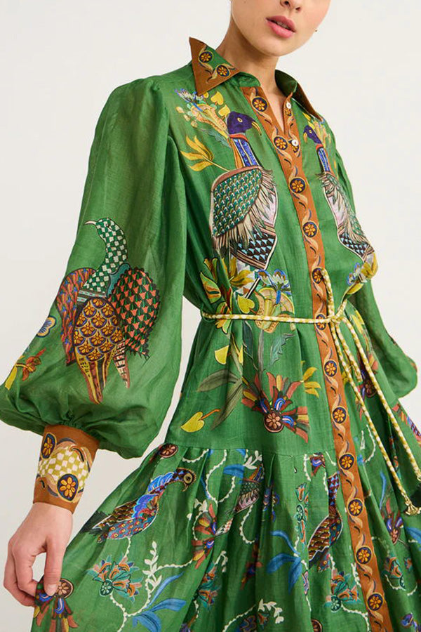 Lily™ - Himmel Vogel Druck Ballonärmel Kleid