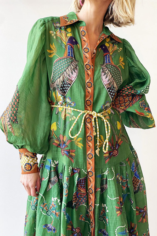 Lily™ - Himmel Vogel Druck Ballonärmel Kleid
