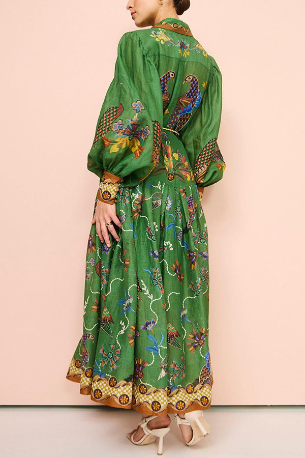 Lily™ - Himmel Vogel Druck Ballonärmel Kleid
